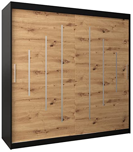 MEBLE KRYSPOL - Kleiderschrank, Schlafzimmerschrank - Schrank Zwei Türen - 4 Fächer rechts, Links, 2 Stangen, Fach - Garderobenschrank York, Körperfarbe Schwarz, Frontfarbe Artisan - 200x62x200cm