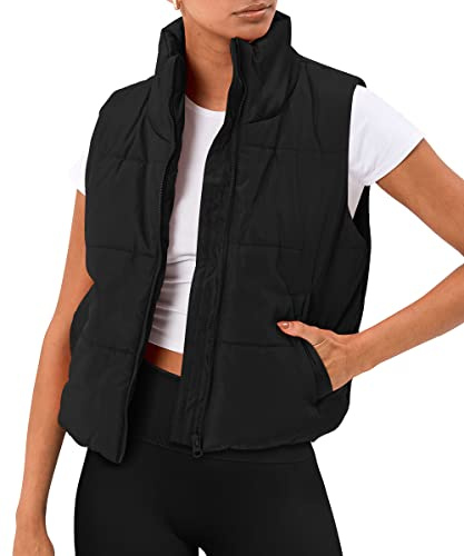 AUTOMET Women‘s Cropped Puffer Vest, Y2K Inspired Sleeveless Gilet for Fall Winter Spring, Casual to Street OuterwearBlack M