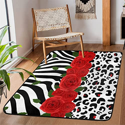 Teppich mit Zebra-Rosen und Leopardenmuster, dicker Bereich für Wohnzimmer, Schlafzimmer, Esszimmer, Teppich, zottelig, weich, einzigartiger Teppich, Rosenblüte, rechteckig, kleine Läufermatte, 150 x
