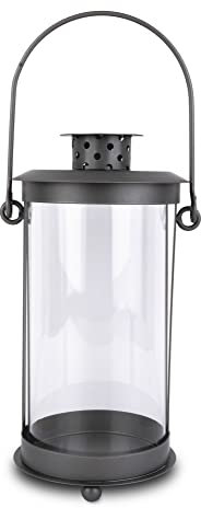 Kimiza Grablampe, Gartenlampe, Metall-grau mit Echtglasröhre für handelsübliche Grabkerzen, stehend mit Bügelgriff (groß-ohne Zubehör)