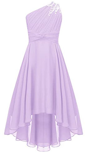iEFiEL Mädchen Festlich Kleid Elegante Hochzeitskleid EIN-Schulter Blumenmädchenkleider Abendkleid Vokuhila Kleid Partykleid Sommerkleid A Lavender 134-140