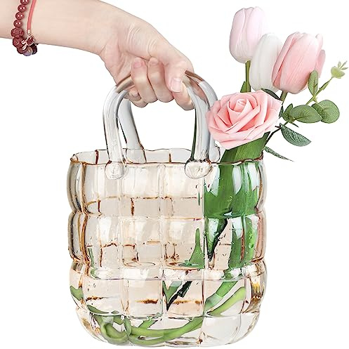 Einzigartige Geldbörsenvase für Blumen, 27,9 cm, handgefertigt, Dickes Blasenglas, Vasen mit Farbverlauf, für Heimdekorationen. Tolle transparente Blumenvase für Tafelaufsatz, Blumenarrangement,