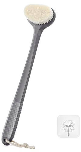 Cepillo para Espalda con Mango Largo de 43 cm, Agarre Antideslizante y Cerdas Moderadas, Exfoliación Suave para Ducha, Cepillo Corporal para Hombres y Mujeres – Gris