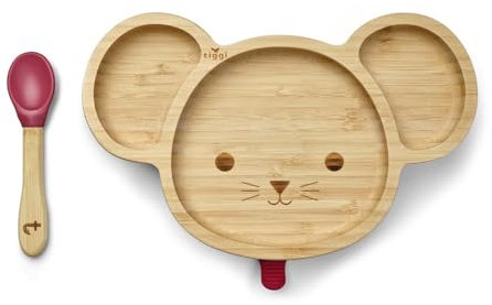 Tiggi Bamboo Baby Suction Plate - Complete Weaning Set | Strong Suction, BPA-Free | Eco-Friendly Bamboo Plates Baby | Ideal Baby Suction Plate for Easy Feeding (Mouse, Red)