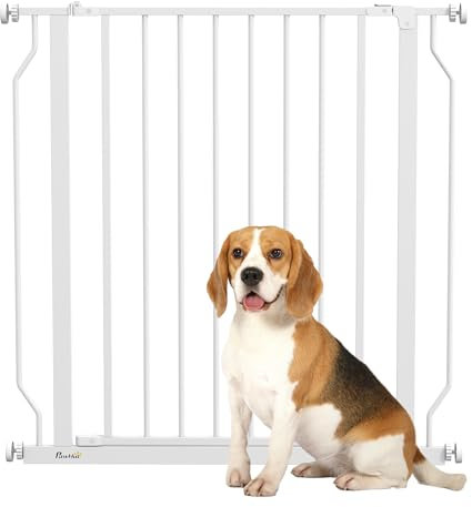PawHut Dog Gate Wide Stair Gate w/ Door Pressure Fit Pets Barrier for Doorway, Hallway, 76H x 75-85W cm - White