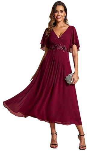 Ever-Pretty Women's V-Neck Short Sleeves Pleated A-Line Champagne Bridesmaid Dresses Wedding Guest Burgundy 18UK
