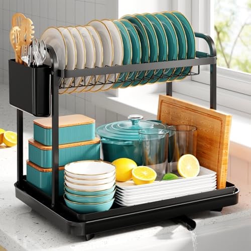 Kitsure Dish Drainer Rack- Space-Saving Dish Drainer, Dish Racks for Kitchen Counter, Stainless Steel Kitchen Drying Rack with a Cutlery Holder, 2-Tiers, Black
