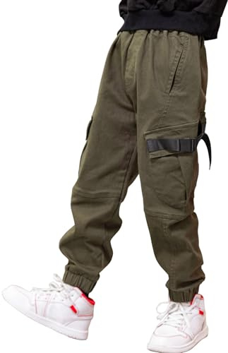 Pantalon Cargo pour Garçon,Style décontracté, Taille élastique, Enfant Jogging Uniforme Scolaire Pantalon de Sport(Vert,6-7ans)