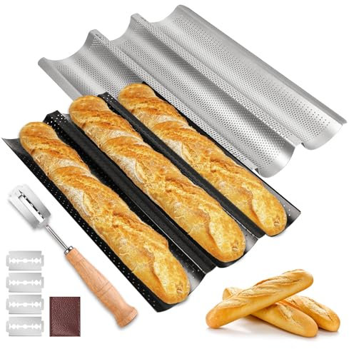 Moldes Para Baguettes, 2 Piezas, Bandejas De Horno Antiadherente Con Cuchillo De Panadero, Para 3 Baguettes, Accesorio Para Hornear Pan, 38x24cm