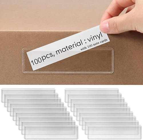100 Stück Selbstklebende Regaletiketten, Selbstklebende Etikettenhalter für Einstecketiketten, 11 x 3 cm Transparent Namensschild-Einschubtaschen, Etikettenhalter Selbstklebend with 100 note card