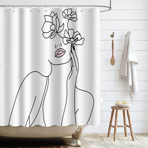 APROPHIC Blanc Minimaliste Rideau de Douche Ligne Abstraite Art Femmes Minimaliste Rideau de Douche Art Salle de Bain Décoration Tissu Rideau Décoration 180 x 180 cm