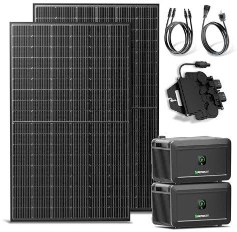 Solakon® 900W Balkonkraftwerk mit Speicher - Balkonkraftwerk 800W komplett Steckdose - neuester 800 Watt Wechselrichter - Growatt NOAH 2000 mit 4 kWh - 450W bifaziale Solarmodule - 10m Kabel