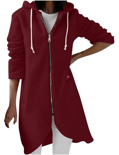 SoLu DAY8 Sweat Long à Capuche Zippé Femme Grande Taille a la Mode Imprimé Veste Sweat Femme avec Capuche Manche Longue Hiver Confortable Chic Large Casual Jogging Haut Manteau (Vin, XL)