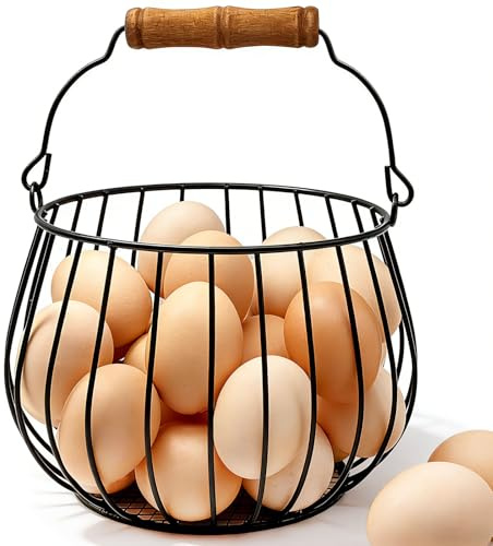 Wire Egg Basket for Gathering Fresh Eggs, Holds 24 Eggs with Wood Handle