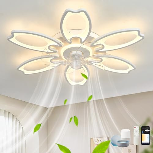 QINGYING Deckenlampe mit Ventilator Alexa kompatibel, Reversibel 6 Gang Ventilator Lampe Und Fernbedienung, Lampe mit Deckenventilator Und Memory Funktion Für Schlafzimmer Und Wohnzimmer, Weiß