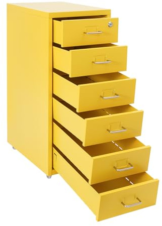 HUOMMGS Abschließbarer Schrank Schreibtisch Unterschrank Rollcontainer mit Schubladen 6 Stufen Schubladenschrank Aufbewahrungsschrank Metallschrank Blechschrank für Büro, Arbeitszimmer (Gelb)