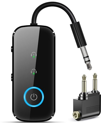 Premium Pro Bluetooth 5.4 Sender & Empfänger – Flugzeug Audio Adapter, kabelloser Transmitter für TV/Reise/Flug/Airline/Fitnessstudio – Kompatibel mit 2 Kopfhörern gleichzeitig – Bluetooth EMP