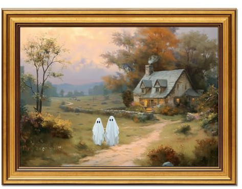 ARPEOTCY Vintage Leinwand Bilder, Halloween Landhaus mit Geist Wandbilder