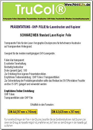 1000 Blatt LASER A4 Standard Universal OHP (Overhead) Transparente Präsentationsfolie. Standardkopierfolie für S/W Laser- und Kopierer mit beidseitig identischer Beschichtung. Die Folie ist 0,100 mm dick.