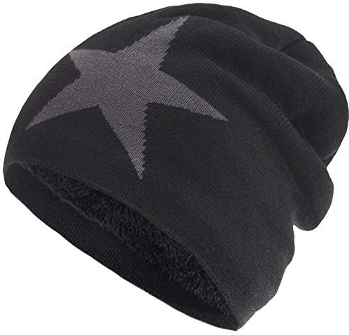 Compagno gefütterte Mütze Damen Herren Wintermütze Beanie Haube mit Stern one-Size, Farbe:Schwarz