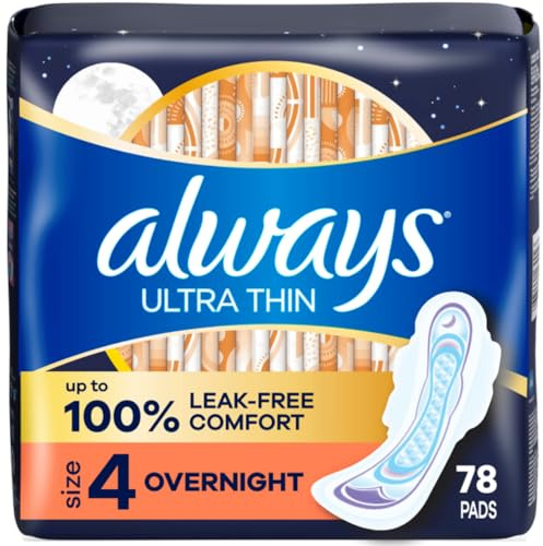 Always Ultra Thin Overnight Pads with Wings, Size 4, Overnight, 78 Count (3 Packs of 26)