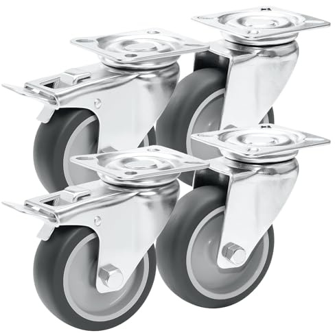 PRIOstahl Transportrollen 75mm Grau | Set 4 Möbelrollen | 2 Lenkrollen mit Bremse + 2 Lenkrollen | Leise & spurlos | Robuste Apparaterollen für Möbel, Werkstatt, Industrie, Garage, Schrank & Regale