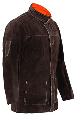 Stamos Welding Schweißerjacke Arbeitsjacke Schweißerschutzjacke SWJ01XL (Größe XL, Rinderleder, flammfest, hitzebeständig, stromschlagisolierte Druckknöpfe) Dunkles Khaki