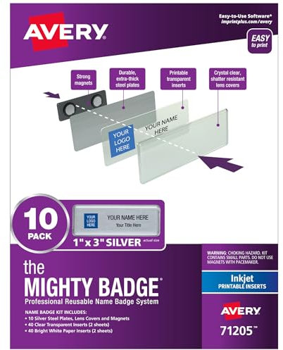 Avery 71205 Namensschilder The Mighty Badge 2,5 x 7,6 cm, 10 Ausweiskarten, 80 Einsätze für Tintenstrahldrucker