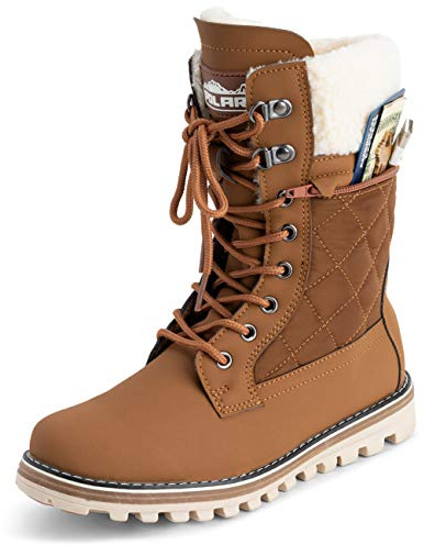 Polar Womens Memory Foam Outside Pocket Inside Zip Thermal Waterproof Deep Tread Rubber Sole Snow Boots - Tan/Beige Shearling - UK4/EU37 - YC0618