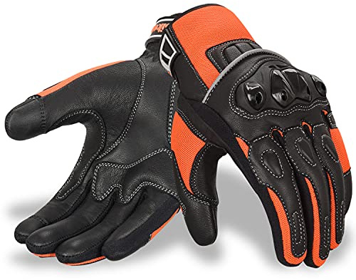 Oro Biker Motorbike Motorcycle Gloves, Premium Leather and Summer Mesh Hard Knuckle Touch Screen Motorbike Gloves Racing ATV Riding Gloves for Men (Large, Black/Fluorescent Orange)