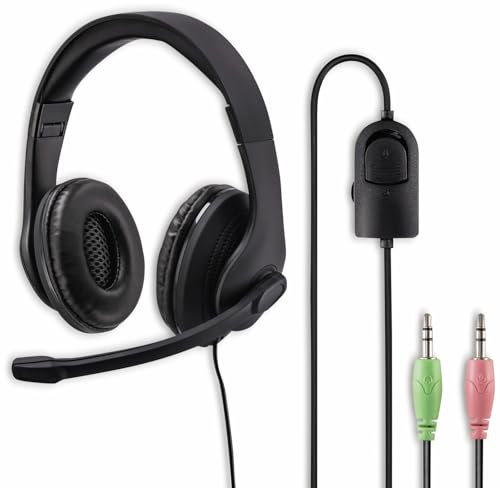 Hama PC Headset Stereo (Office Headset mit Mikrofon, 2x 3,5 mm Klinkenanschluss, Headphones ultraleicht, PC Kopfhörer mit gepolsterten Ohrmuscheln und Kopfbügel, flexibler Mikrofonarm) schwarz
