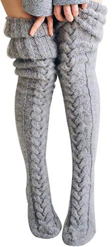 Springcmy Womens Girls Winter Cable Knit Over Knee Socks Thigh High Long Boot Socks Stocking Leg Warmer (A-Grey, One Size)
