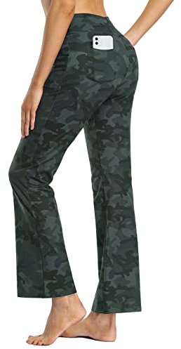 MOVE BEYOND Donna Pantaloni Bootleg da Yoga con 4 Tasche a Vita Alta Controllo di Pancia, Camouflage, M
