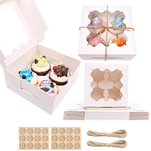 12PCS Cupcake Boxes 4 Hole, White Cupcake Boxes with Clear windows and Inserts - Includes Stickers and Twine String, Kraft Bakery Cookie Carrier Boxes for Muffins Pastries - 15.7x15.7x7.5cm