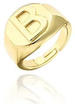 Initial Ring Statement 18 Karat echtes Gold galvanisiertes Kupfer Fashion Gold Chunky Rings Damen Alphabet Buchstabe A bis Z Resizable Knöchel-Persönlichkeitsring (Gold-B)