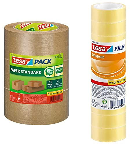 tesapack Papier Standard - Umweltschonendes Paketband-Braun & film standard - Transparentes Multifunktions-Klebeband für Heim- Schul- und Büroanwendungen - 10 m x 15 mm - 10er Pack
