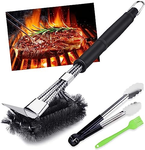 VDISRR - Juego de 3 cepillos para barbacoa de hierro fundido (cerdas de acero inoxidable de tres hileras, mango largo de plástico, para barbacoa de carbón vegetal, eléctrico y de gas