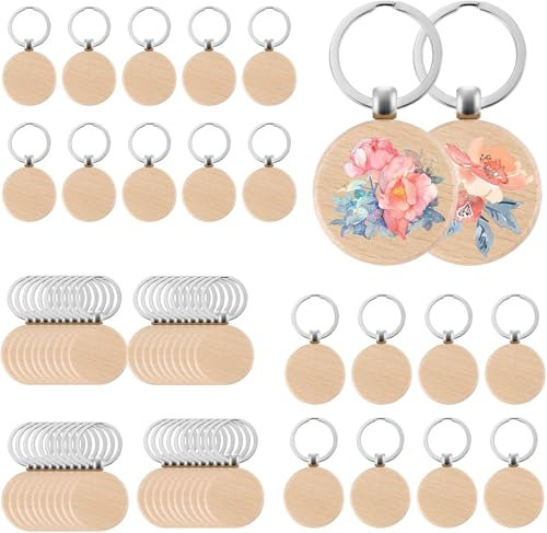 Gokelomg 60 PièCes SéRies Porte-CléS en Bois Rond Vierge Porte-CléS en Bois Bricolage Porte-CléS Peuvent Graver des Cadeaux de Bricolage
