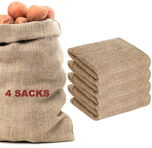4 Pack Large Hessian Sacks, 100 x 61 cm Potato Storage Bags for Gardens, Jute Burlap Bags for Frost Protection, Coffee Beans, Plant sacks, Sack races, Outdoors Games for Party, Carnival, Easter