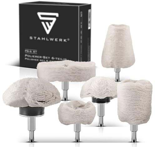 STAHLWERK 6er Set Universal-Polierköpfe PS-6 ST für Akku- und Elektrobohrer aus hochwertigem Flanell für Polierarbeiten an Metall, Stein, Holz, Glas und Kunststoff