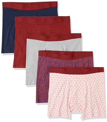 Amazon Essentials Boxer Intimi, in Morbido Cotone, Senza Etichetta Uomo, Pacco da 5, Blu Marino/Blu Scuro Floreale/Grigio Puntinato/Rosa Chiaro Stampa A Losanghe/Rosso, XL