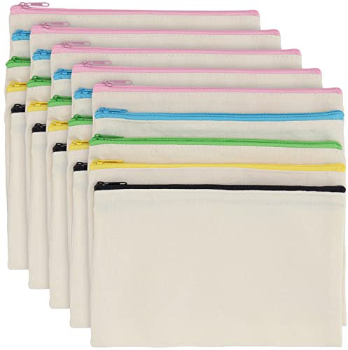 MUKLEI Paquete de 25 bolsas de lona con cremallera de 21x13 cm, bolsas de lona de algodón en blanco con cremallera, Negro Rosa Azul Verde Amarillo, Organizador de bolsas
