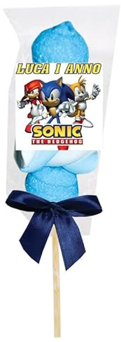 Spiedini di Marshmallow con tag personalizzabili Sonic Riccio The Hedgehog kit fai da te per caramellata regalini fine festa compleanno party