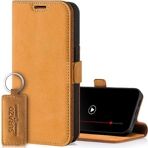 SURAZO Slim Magnet Handyhülle für Apple iPhone 15 Hülle Leder – Klappbar Echtleder Schutzhülle [Kartenfach, RFID Schutz, Keyring] Flip Klapphülle Wallet Case Cover Lederhülle (Camel)