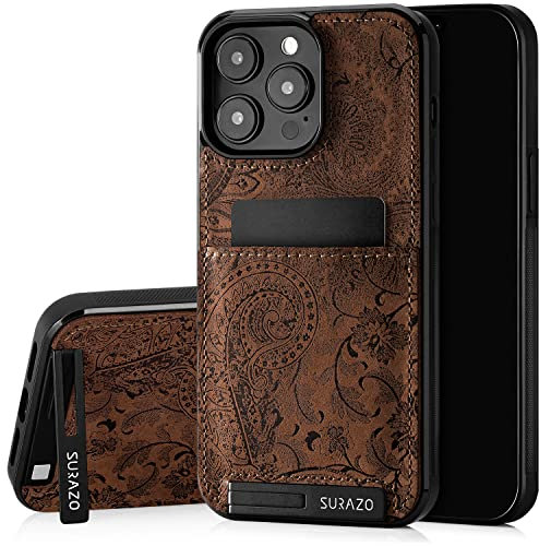 SURAZO Protective Phone Case for Apple iPhone 15 Pro Case - Genuine Leather Cover with Card Holder - Slim Back Case with Foldable Stand and Keychain - Robust Bumper Protector (Floral Brown)