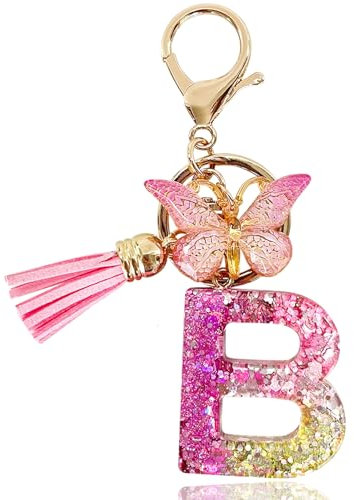 Yanmucy Buchstaben Schlüsselanhänger Mädchen Ringe Lila Niedlich Schlüsselanhänger Glitzer mit Schmetterling Quasten Harz Keychain Aesthetic für Tasche Charme Frauen Mädchen Tasche Dec (B)