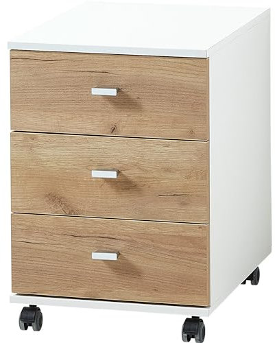 bümö Homy Rollcontainer mit Schubladen, Container aus Holz in Weiß-Eiche - Rollwagen für's Büro als Schreibtisch Unterschrank, Bürocontainer od. Schreibtischcontainer