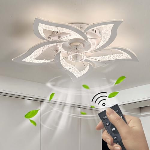 Ventilador Techo Con Luz Regulable Moderna Lampara Ventilador Techo 6 Velocidades Reversible Ventilador Techo Con Luz Y Mando A Distancia Silencioso Led Dormitorio Flor Temporizador-White