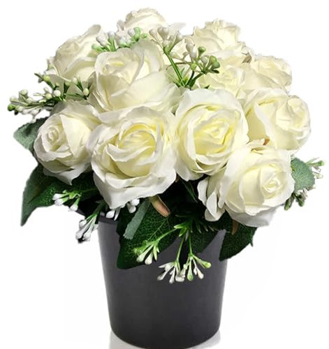 Etomvoop Grabblume mit Topf, 12 Weiß Rose Wie echt künstliche Seide Blume für Gedenkfriedhof dekorativ
