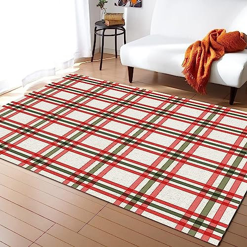 Weihnachten Winter Rot Grün Kariert Teppich Kinderteppich Wohnzimmerteppich Schlafzimmerteppich 3D-Gedruckter Superweicher Flanellteppich 90 X 150 cm - Leicht Zu Reinigendes, Weiches Polyest -1K2F/I5